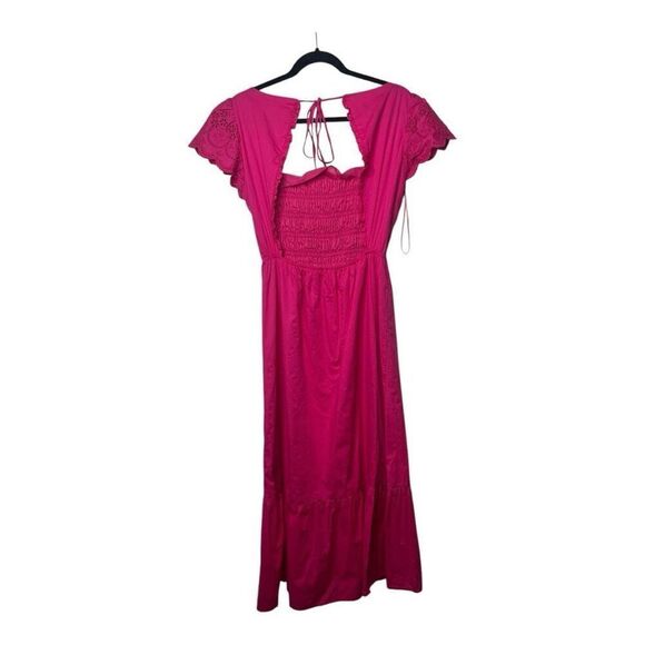 Jason Wu Magenta Smocked Cut Out Eyelet Lace MIDI Dress Size S Pink Tiered - Picture 7 of 12
